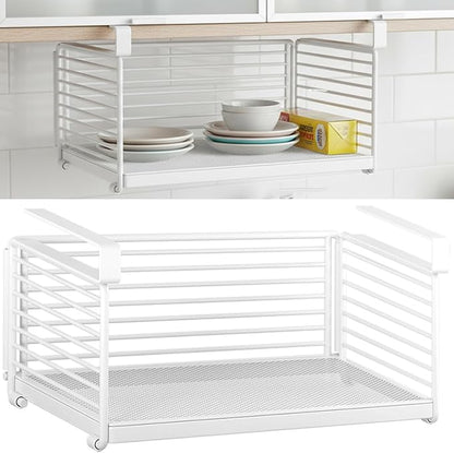 Under Shelf Storage Basket, Metal Wire Slide -in Under Cabinet Organizer, Space-Saving Hanging Organizer for Kitchen, Pantry, Office, Closet, White, 1 Pack(12.2")