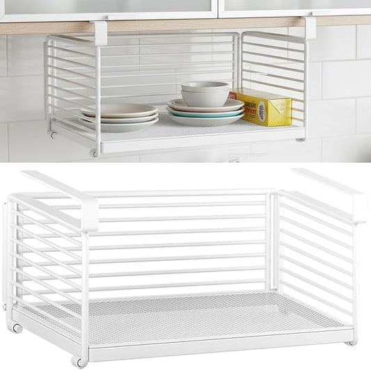 Under Shelf Storage Basket, Metal Wire Slide -in Under Cabinet Organizer, Space-Saving Hanging Organizer for Kitchen, Pantry, Office, Closet, White, 1 Pack(12.2")