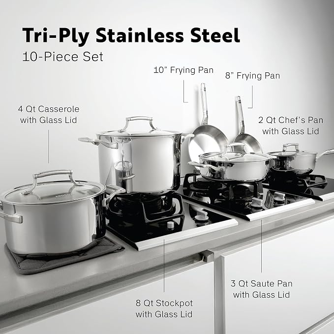 10-Piece Triply Stainless Steel Cookware Set - Fully Clad Pots and Pans Set with 8 Qt Pasta Pot, Saute, Saucepan, Frying Pan - Non Toxic Cookware - Induction, Dishwasher & Oven Safe