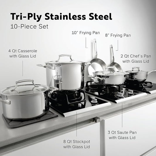 10-Piece Triply Stainless Steel Cookware Set - Fully Clad Pots and Pans Set with 8 Qt Pasta Pot, Saute, Saucepan, Frying Pan - Non Toxic Cookware - Induction, Dishwasher & Oven Safe