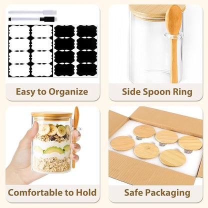 TBWIND 6 Pack Overnight Oats Containers with Lids and Spoons, 16oz Glass Jars with Bamboo Lids, Airtight Meal Prep Yogurt Containers for Breakfast, Parfait, Salad, Chia Pudding