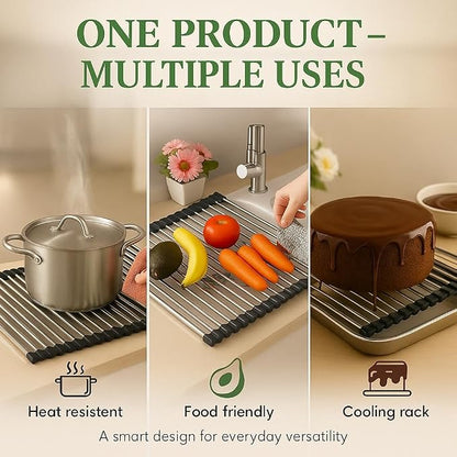 Over Sink Dish Dryng Rack - Roll Up Stainless Stell & Silicone Drying mat, Heat Resistant, Non-Slip & Foldable, Space Saving Kitchen Organizer (17.3"x 15.7")(Black)