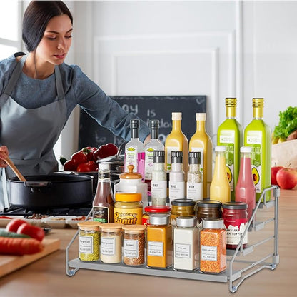 RCHYFEED 4 Tier Spice Rack Organizer, Spice Organization for Cabinet,Pantry, Countertop,Tiered Spice Rack Easy Visibility,Depth Expandable Seasoning Shelf for Kitchen Cabinet Organizer,Silver,2 PACK