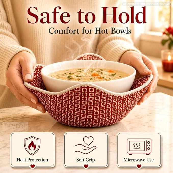 Set of 2 Microwave Bowl 4x7x7 Inch Polyester Cloth Hot Pads with Red Pattern - Multipurpose Heat Resistant Plate Holders - Ramen Pot Cozy or Soup - Pot Holder Microwavable Bowl Cozies for Food