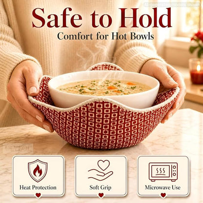Set of 2 Microwave Bowl 4x7x7 Inch Polyester Cloth Hot Pads with Red Pattern - Multipurpose Heat Resistant Plate Holders - Ramen Pot Cozy or Soup - Pot Holder Microwavable Bowl Cozies for Food