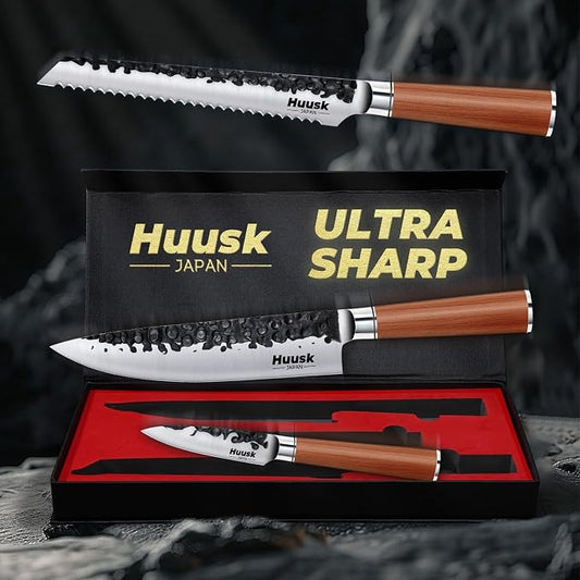 Huusk Japanese Kitchen Knife Set of 3, Professional Chef Knives Set for Kitchen, Sharp Cooking Knife Sets with Bread, Gyutou & Paring Knives, High Carbon Steel Sharp Cutting Knifes, Men Women Gifts