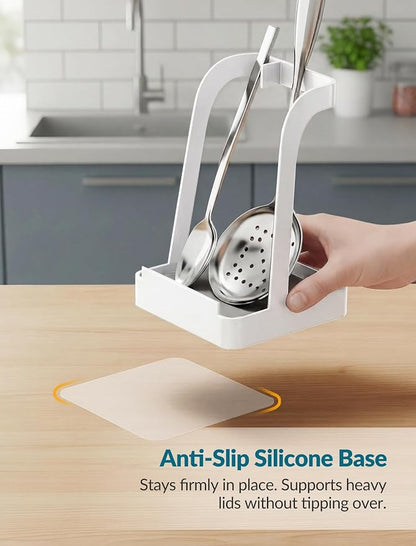 NiHome White Pot Lid Holder with Light Gray Diatomite Tray, Non-Slip Silicone Pad, Powder-Coated Iron Stand for Lids, Utensils & Cutting Boards, Compact 3.9" × 3.9" × 6" Kitchen Organizer (White)