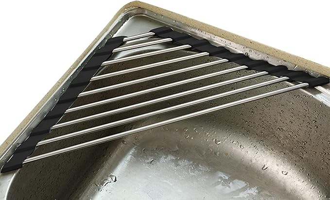 Roll Up Dish Drying Rack and Triangle for Sink,over the Sink , Kitchen Corner Drainer Mat, Foldable Stainless Steel (Triangle) Silver