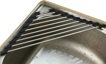 Roll Up Dish Drying Rack and Triangle for Sink,over the Sink , Kitchen Corner Drainer Mat, Foldable Stainless Steel (Triangle) Silver