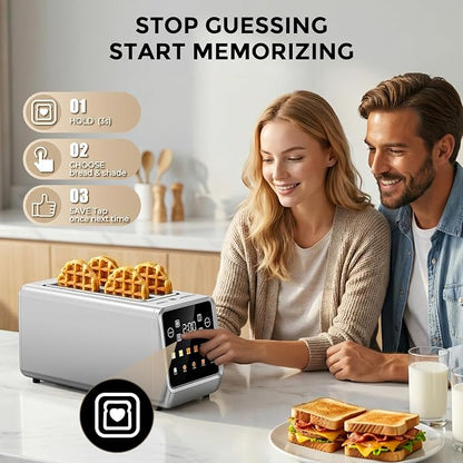 Long Slot Toaster 4 Slice with Touchscreen, 1400W Stainless Steel 2-Slot Smart Appliance Extra Wide 1.5 Inch, Single Mode BreadID Tech Timer for Bagel Waffle