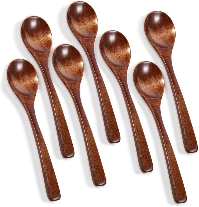 7 Pcs Wooden Spoons for Eating, Wood Table Spoon Set, 7 Inch Wood Soup Spoons, Wooden Honey Spoon for Tea, Teaspoon Utensils for Cooking, Eating, Dessert, Honey, Stirring Coffee