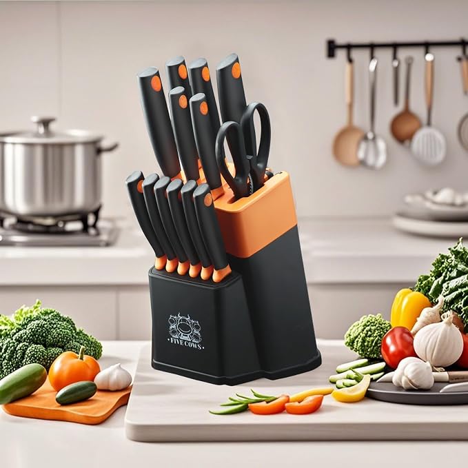 14 Pcs Kitchen Knife Block Set with Sharpener German High Carbon Stainless Steel Chef Knives, Razor-Sharp & Durable, Lightweight Anti-Slip Handle, Professional Set for Home & Kitchen (Orange)