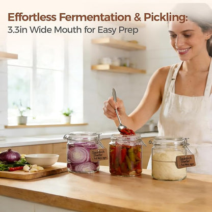 ComSaf 17oz Overnight Oats Containers with Lids 6-Pack, Wide Mouth Glass Jars for Meal Prep, 500ml Airtight Glass Canisters with Wire Clamp for Sourdough Starter, Fridge Pickling & Pantry Organization