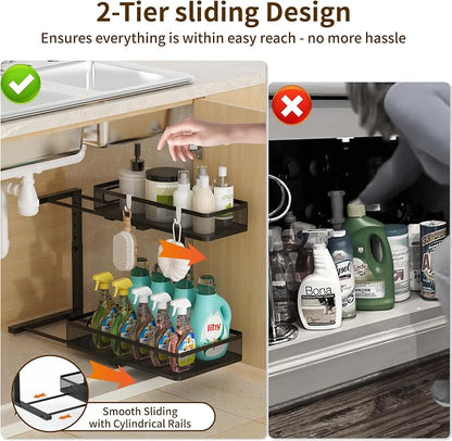 Under Sink Organizer 2 Pack, 2-Tier Slide Out Cabinet Organizer with Metal Sliding Drawer and Hooks, Pull Out Storage Baskets for Kitchen Bathroom Pantry Cabinet Organization (black)