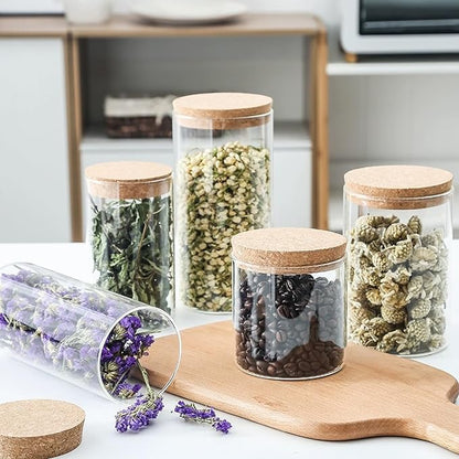 Airtight Glass Storage Containers with cork Lid, for Kitchen Pantry Organization and Storage jar，Ideal for Coffee Beans Snacks Flour Cereal Sugar Tea 16oz. (Circular 3.9 * 3.3in*4pcs)