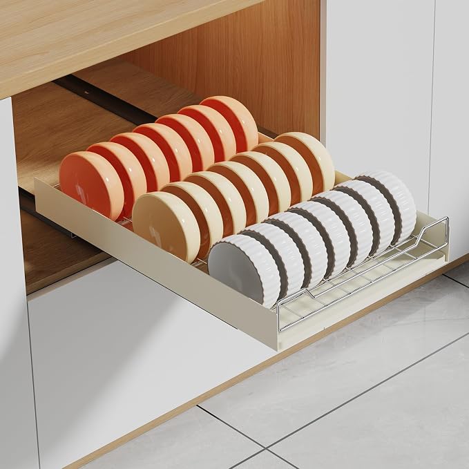 LinTimes Expandable Pull Out Cabinet Organizer, Stainless Steel + Carbon Steel Cabinet Frame Bowl Rack, Upgraded Sliding Drawer, 42.3 * 30 * 7.5cm White