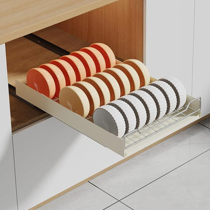 LinTimes Expandable Pull Out Cabinet Organizer, Stainless Steel + Carbon Steel Cabinet Frame Bowl Rack, Upgraded Sliding Drawer, 42.3 * 30 * 7.5cm White