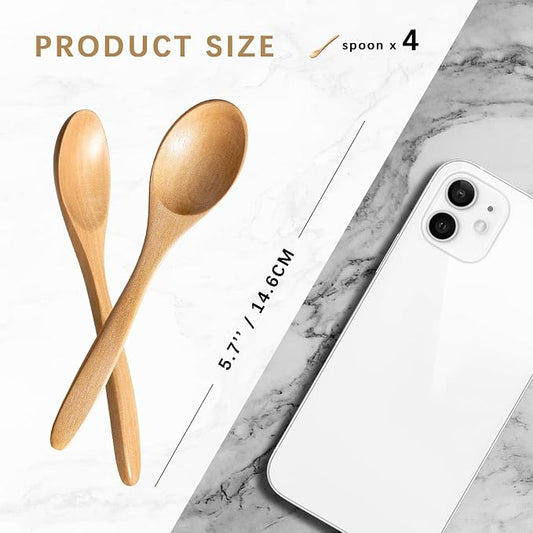 4 PCS Small Wooden Spoons, 5.8 Inch Honey Spoons for Tea, Schima Wooden Honey Teaspoon for Coffee, Little Tiny Wood Spoons, Bamboo Table Spoon for stirring, Wooden Spoons for Utensils Set