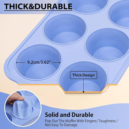 Jumbo Silicone Muffin Pan with Metal Frame, Non Stick Silicone Cupcake Pan with Handles 6 Cup, BPA Free Silicon Muffin Tin Tray Extra Large for baking, egg bites, Cupcake Mold Blue