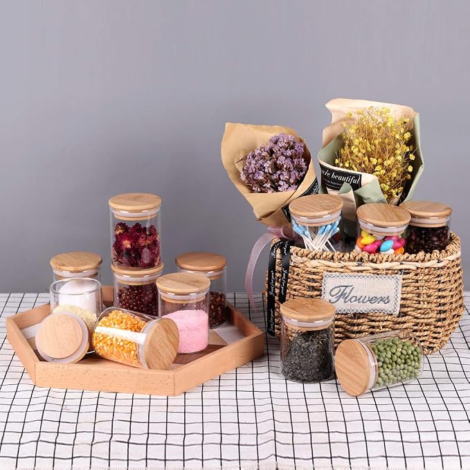 Tzerotone Glass Jars Set,Upgrade Spice Jars with Wood Airtight Lids and Labels, 6oz 12 Piece Small Food Storage Containers for Home Kitchen, Tea, Herbs, Sugar, Salt, Coffee, Flour, Herbs, Grains…