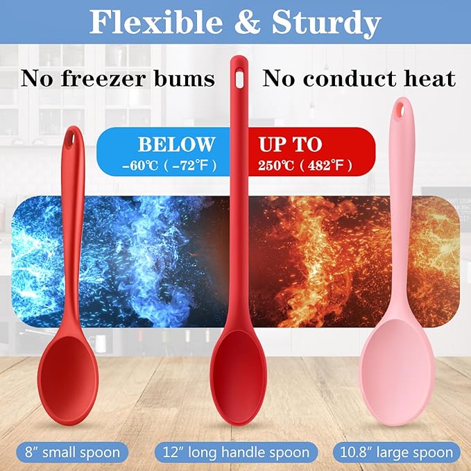 Long handle Silicone Mixing Spoon, 12" Stirring Spoons Nonstick Heat-Resistant Rubber Mixing Spoon for Cooking Baking