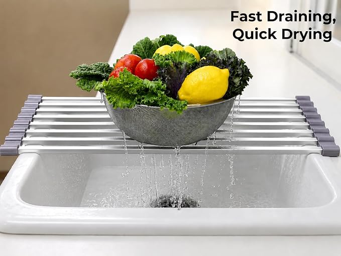 Medium Aluminum Roll Up Dish Drying Rack (17" x 13") - Fits Sinks up to 16 Inches, Heavy Duty Square Bar, Rust-Proof & Heat Resistant with Removable Dish Holder (Purple Gray Medium)
