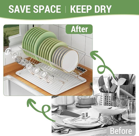 Dish Rack with Drip Tray, Stainless Steel 3-Tier Collapsible Drainer Dish Drying Rack for Kitchen Counter, Sink, Countertop,Cutlery, Dishes Utensils Flatware Holder Set, Reversible Cup Draining Rack