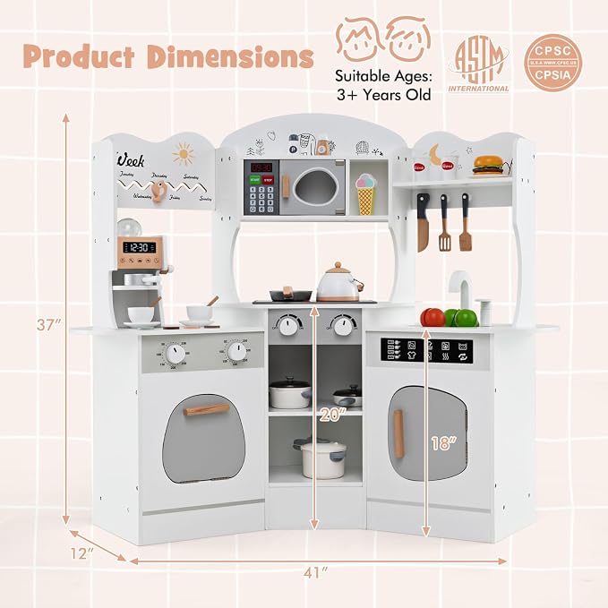 Costzon Corner Play Kitchen, Wooden Kids Kitchen Playset with Lights & Sound, Coffee Maker, Washing Machine, Oven, Microwave, Toddler Toy Kitchen for Pretend Play, Gift for Boys Girls 3+ (White)