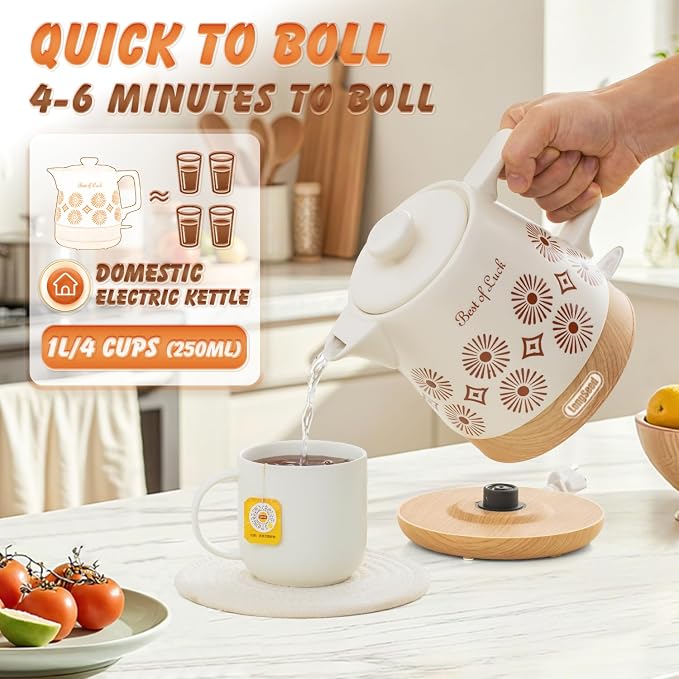 Ceramic Electric Kettle Pot 1.1 Quart, Boiling Water boiler, Teapot Automatic Shut-Off, BPA-Free, Rapid Boil For Coffee & Tea, Boil-Dry Protection, 1000W