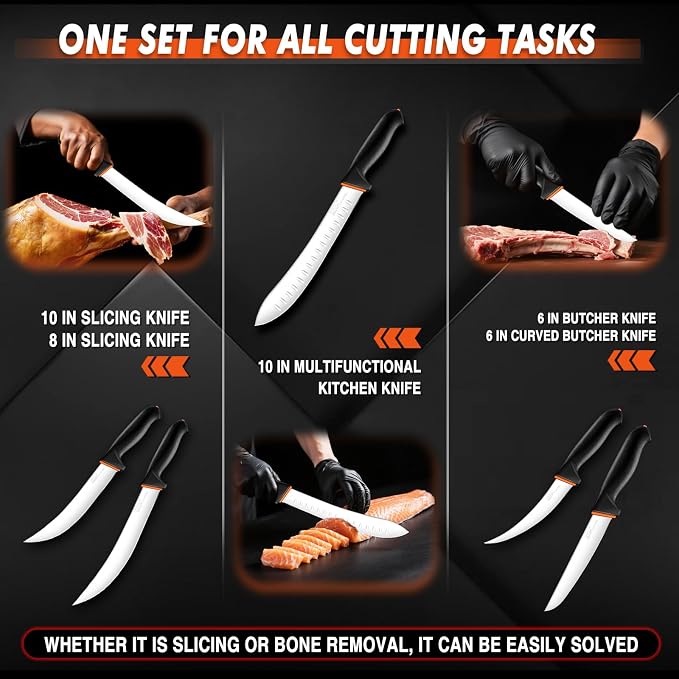 TIVOLI Butcher Knife Set 6pcs - Game Processing Knife Set with 7" Sharpener Rod - Non-Slip Softgrip & German Stainless Steel - Skinning Boning Trimming Poultry Knives for Meat Cutting - Gifts for Men