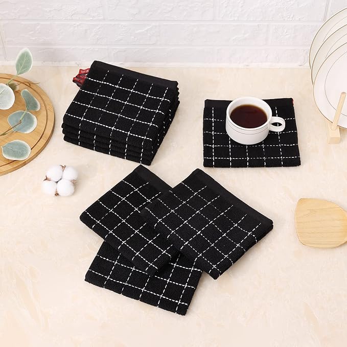 Mordimy 100% Cotton Terry Cloth Dish Cloths, Soft and Absorbent Checkered Dish Towels, Quick Drying Dish Rags for Washing Dishes, 12 Pack, 12 x 12 Inches, Black