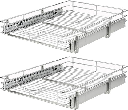 DINDON Pull Out Cabinet Organizer, (14" W x 21" D) Heavy-Duty Metal Sliding Drawer Shelf, Bathroom Under Sink Kitchen Cabinets Organizer and Storage Slide Out Shelves, Chrome, 1 Tier, 2 Pack