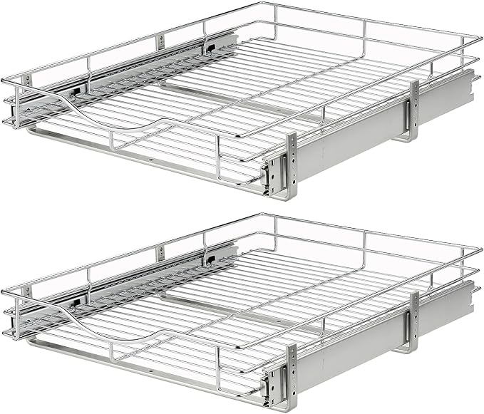 DINDON Pull Out Cabinet Organizer, (11" W x 18" D) Heavy-Duty Metal Sliding Drawer Shelf, Bathroom Under Sink Kitchen Cabinets Organizer and Storage Slide Out Shelves, Chrome, 1 Tier, 2 Pack