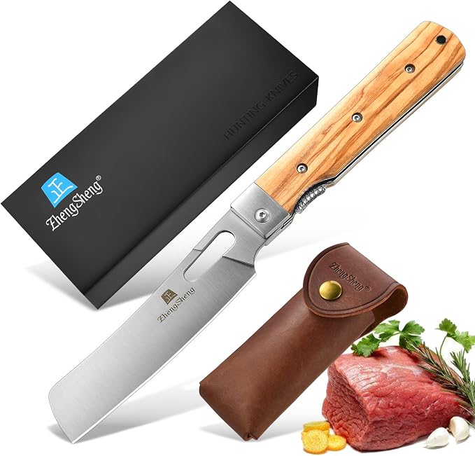 ZhengSheng Folding Chef Knife with Leather Pouch 4.8” Sharp 440A Stainless Steel Blade Olive Handle Pocket Foldable Japanese Style Kitchen Knife for Outdoor Camping BBQ trip Cooking.