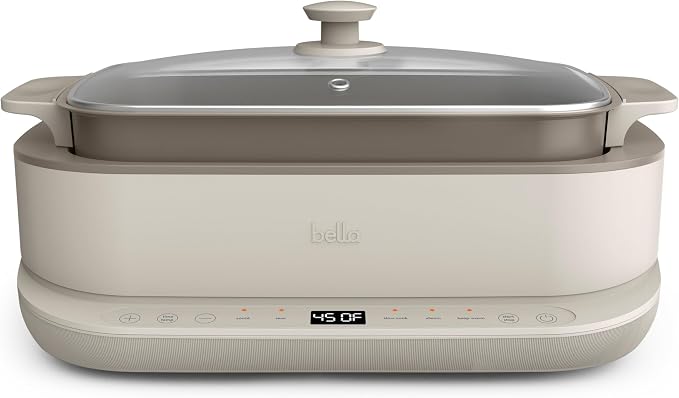 bella 6.0 QT Multi-Cooker, Ceramic Nonstick Coating, 4-in-1 Versatility, 4 cooking functions, Slow Cook, Sear, Saute, Steam, Serves 7 people, Dishwasher Safe Pot & Tempered Glass Lid, Tangle Free Cord Wrap, Oatmilk