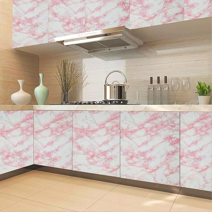 practicalWs 23.6in ×118in White Pink Marble Wallpaper Peel and Stick Countertops Self-Adhesive Vinyl Waterproof Wallpaper Great As Cabinets Drawer Shelf Wall Crafts Wall Paper Decorations