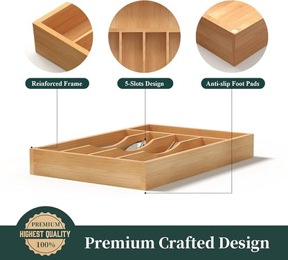 Silverware Organizer, Bamboo Kitchen Drawer Organizer, Utensil Holder, Cutlery Tray & Spoon Flatware Storage with Grooved Drawer Dividers (8.5''W x 13''D)