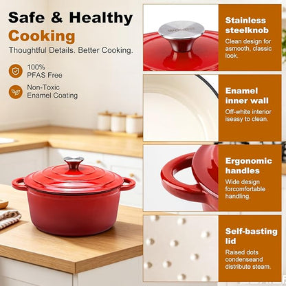 Enameled Cast Iron Dutch Oven - 7QT Pot with Lid,Oven Safe to 500°F,Heavy-Duty Cookware for Sourdough Bread Baking,Braising,Stews,Roasting Red