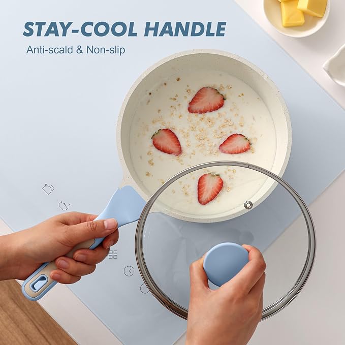 SENSARTE Ceramic Nonstick Saucepan with Lid 2.0 Quarts, Small Cooking Pot with Stay Cool Handle, Induction Compatible, Ceramic Coating, Free of Intentionally Added PTFE/PFOA/PFAS, Glacier Blue