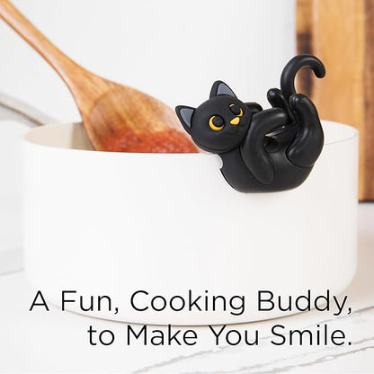 Black Cat Spoon Rest for Stove Top – Silicone Pot Clip Utensil Holder & Lid Lifter – Funny Kitchen Gadget, Unique Witchy Cat Gifts for Women & Halloween – 3" x 2.5"