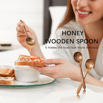 6 PCS Wooden Spoons for Honey, 6.7 inch Small Wooden Spoons - Terrific for Tea, Coffee & Soup, Little Acacia Wood Serving Table Spoon Set, Bulk Bamboo Teaspoon for Eating with Unique Design