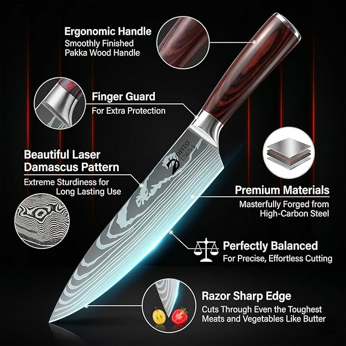 Dfito Kitchen Knife Set, 5 Pieces High Carbon Stainless Steel Chef Knife Set with Red Pakkawood Handle, Ultra Sharp Professional Chef Knives Sets for Home Cooking, Dishwasher Safe