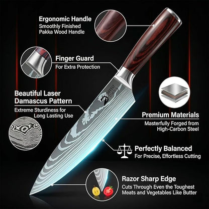 Dfito Kitchen Knife Set, 5 Pieces High Carbon Stainless Steel Chef Knife Set with Red Pakkawood Handle, Ultra Sharp Professional Chef Knives Sets for Home Cooking, Dishwasher Safe