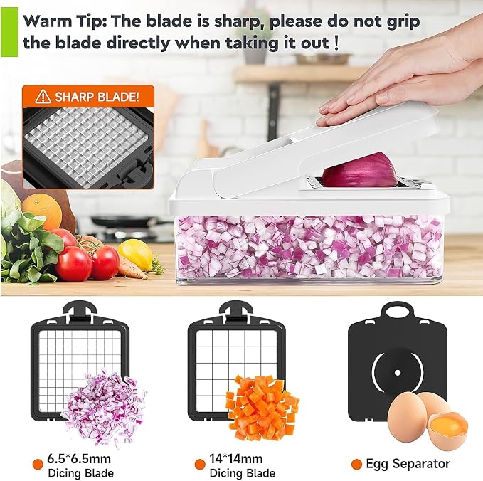 MealHelper 12-in-1 Vegetable Chopper, 7 Blade Veggie Chopper, Practical Food Chopper with Container, Cheese Grater, Home Essentials & Kitchen Gadgets(Black/White)