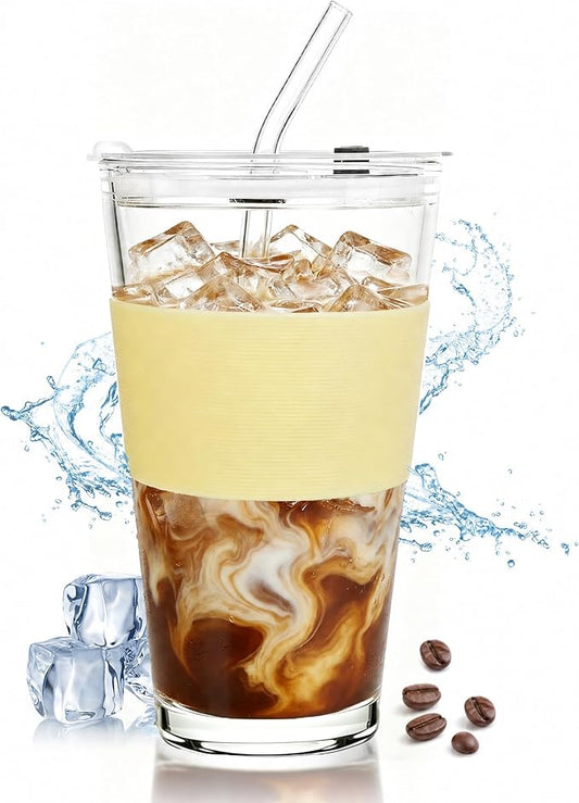 Birity 16oz Glass Cups with Lids and Straws,Glass tumbler With Straw and Lid-Reusable Iced Coffee Cups for Tea, Juice, Smoothies, Mason Jar Drinking Cup for Hot/Cold Drinks at Home,Office,Travel