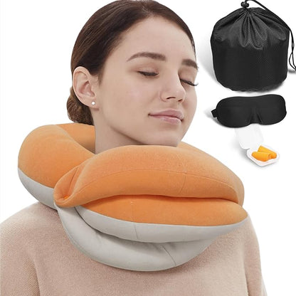 BUYUE Travel Neck Pillows for Airplanes, Memory Foam 360° Head Support Sleep for Long Flight, Skin-Friendly & Breathable, Kit with Eye Mask, Earplugs and Storage Bag (Adult, Orange, 90+ lbs)