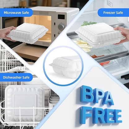 YANGRUI 65-Pack 30oz 7.8" White Meal Prep Box - Shrink Wrapped No Pre-Wash | 3-Compartment Heavy Duty Mineral PP, Microwave & Freezer Safe | Reusable Portion Control Lunch Containers for Party & Picnic