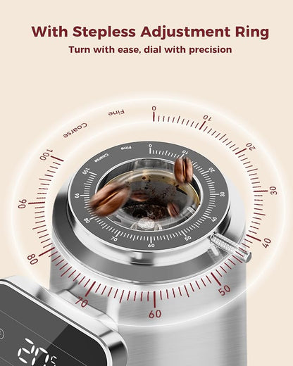 Tuni G3 64mm Flat Burr Coffee Grinder, 100 Grind Settings Electric Espresso Grinder with Single Dose Set | Commercial Grade Precision, Touchscreen | Anti-Static Tech | Stainless Steel (Silver)