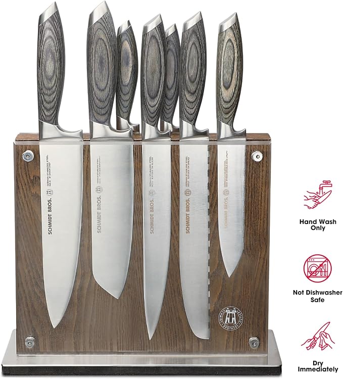 Schmidt Brothers -Bonded Ash- 15-Piece Knife Set, High-Carbon Stainless Steel Cutlery with Downtown Acacia and Acrylic Magnetic Knife Block and Knife Sharpener