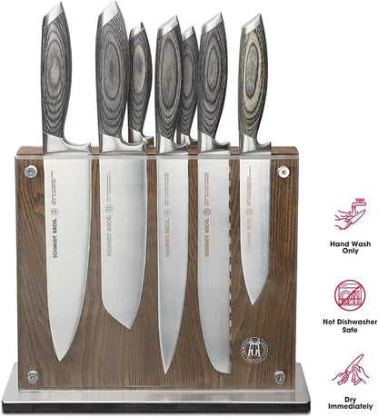 Schmidt Brothers -Bonded Ash- 15-Piece Knife Set, High-Carbon Stainless Steel Cutlery with Downtown Acacia and Acrylic Magnetic Knife Block and Knife Sharpener